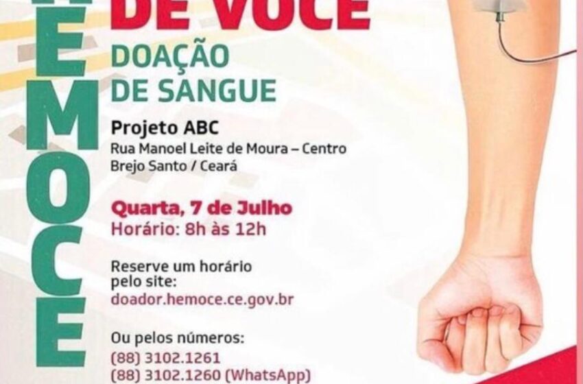  Nesta quarta-feira dia 07 de Julho acontece doação de Sangue em Brejo Santo.