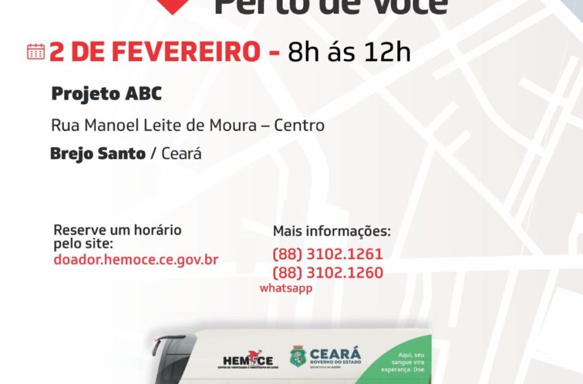  Brejo Santo: Dia 02 de Fevereiro tem coleta de Sangue no projeto ABC.