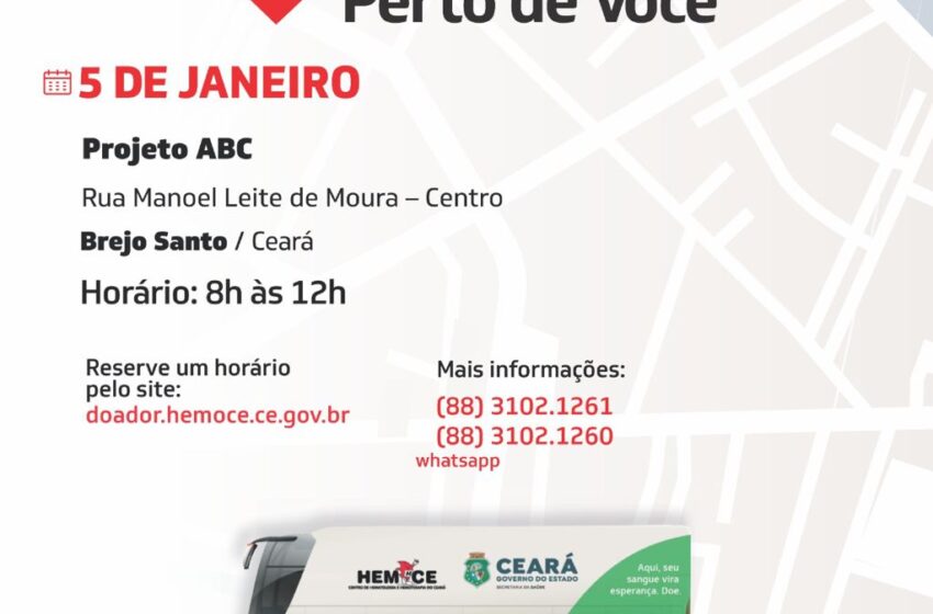  Brejo Santo: Hemoce realiza coleta de Sangue neste dia 05