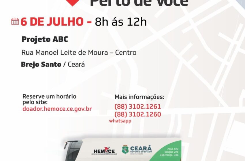 Brejo Santo: Dia 06 de Julho haverá Doação de Sangue.