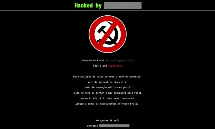  Ataque hacker faz com que páginas do Governo do Ceará exibam mensagens pedindo anulação de votos do NE.