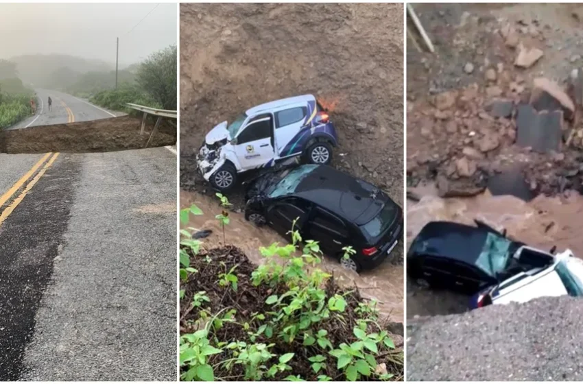  Mauriti: chuva forte destrói estrada e carros caem em cratera.