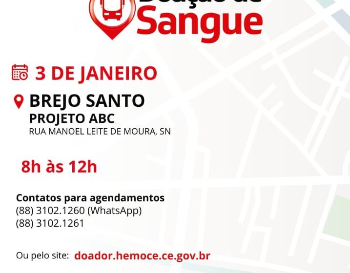  Brejo Santo: Neste dia 3 Janeiro tem coleta de sangue do HEMOCE.