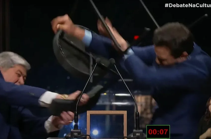 Datena agride Pablo Marçal ao vivo durante debate eleitoral em São Paulo.